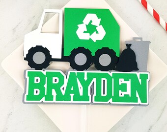 Handmade Custom Trash Truck Cake Topper. Garbage Truck Cardstock Party Decoration.