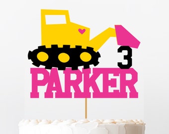 Personalized Girl Construction Cake Topper with Name and Age.