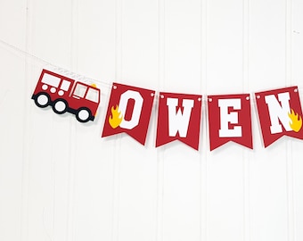 Personalized Firetruck Birthday Banner. Cardstock Party Decoration.