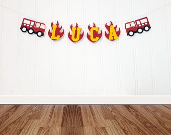 Personalized Firetruck Flames Birthday Banner. Cardstock Party Decoration.