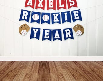 Personalized First Birthday Baseball Rookie Year Banner. Handmade Custom Cardstock Party Decoration.