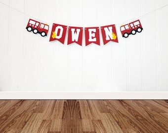 Personalized Firetruck Birthday Banner. Cardstock Party Decoration.
