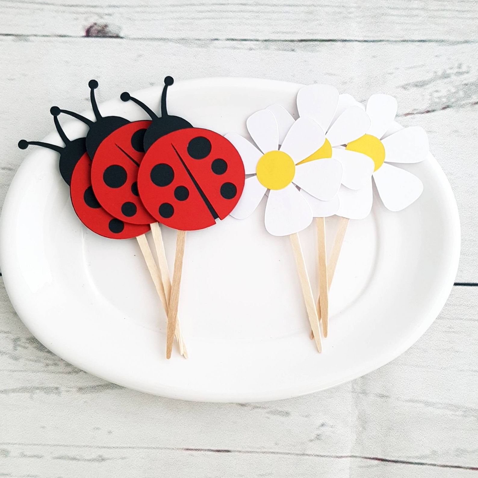 Ladybug and Daisy Handmade Cardstock Cupcake Toppers Party Decoration