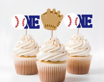 First Birthday Baseball Themed Cupcake Toppers. One Cupcake Toppers. First Birthday Party Decorations.