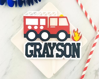 Personalized Firetruck Cake Topper. Fireman Cardstock Birthday Party Decoration.