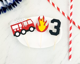 Firetruck Cupcake Toppers. Cardstock Party Decorations.