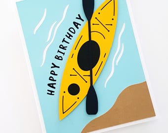 Handmade Kayak Birthday Greeting Card. Dimensional Handmade Card.