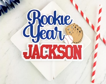 Personalized Rookie Year Baseball First Birthday Cake Topper. Custom Cardstock Party Decoration.