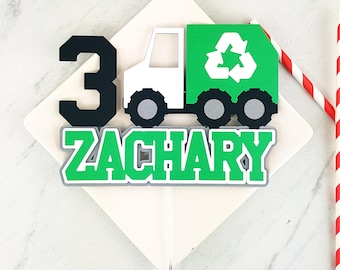 Handmade Trash Truck Cake Topper with Name and Age. Garbage Truck Cardstock Party Decoration.