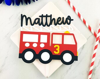 Personalized Firetruck Cake Topper. Fireman Cardstock Birthday Party Decoration.