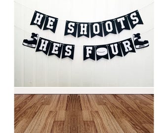 Fourth Birthday Hockey Banner, He Shoots, He's Four. Cardstock Party Decoration.