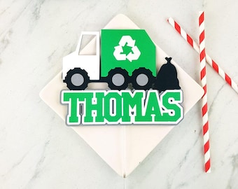 Personalized Handmade Trash Truck Cake Topper. Garbage Truck Cardstock Party Decoration.