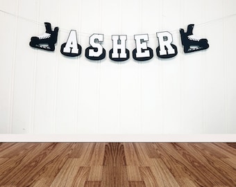 Personalized Hockey Skate and Puck Banner. Handmade Custom Cardstock Banner Party Decoration.