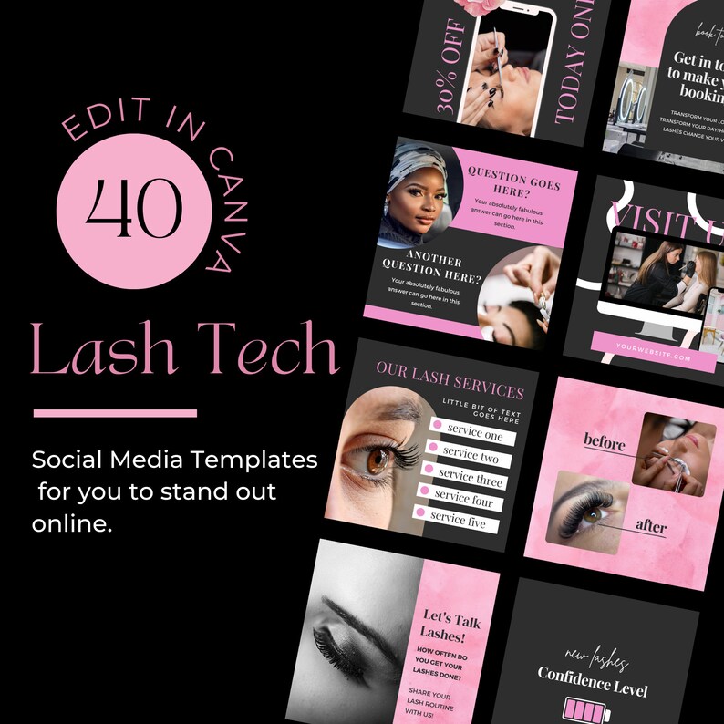 Lash Technician Instagram Post Templates: Pink & Black Social Media Kit ...