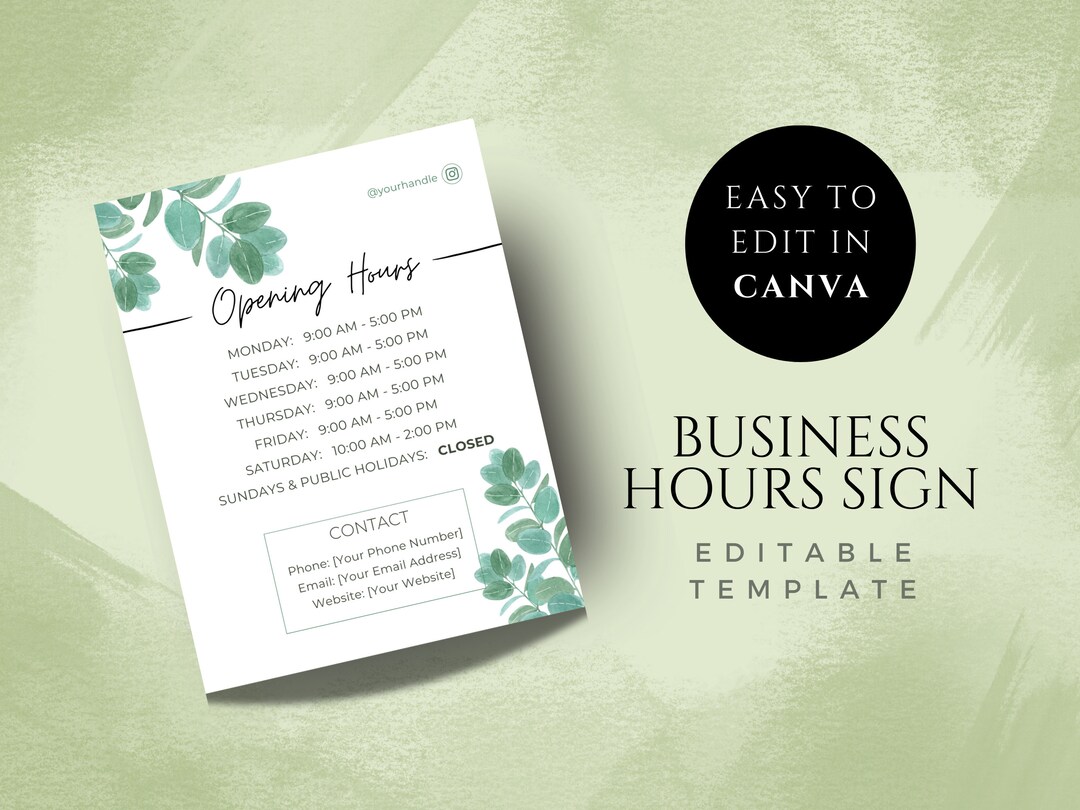 Opening Hours Sign Canva Template - DIY Printable Businesshours Sign ...