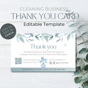 Plantillas de tarjetas de agradecimiento para empresas de limpieza con código QR - DESCARGA INSTANTÁNEA - Tarjetas de agradecimiento para empresas de limpieza imprimibles, tarjetas de agradecimiento para empresas de limpieza