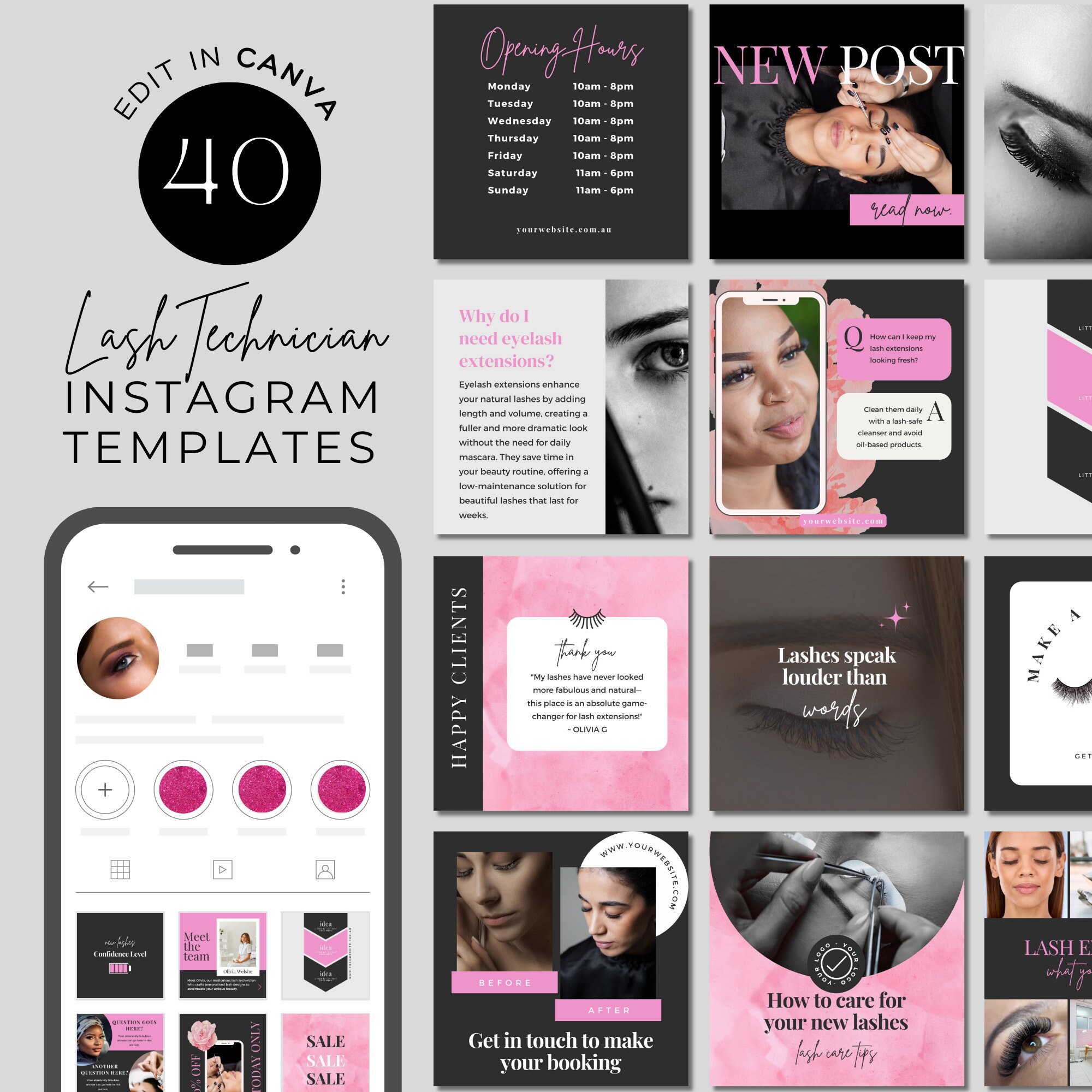 Lash Technician Instagram Post Templates: Pink & Black Social Media Kit ...