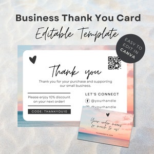 Plantilla de tarjeta de agradecimiento empresarial, Tarjeta de agradecimiento con tema de playa empresarial imprimible DIY, Postal editable, Imprime tu propia tarjeta de agradecimiento