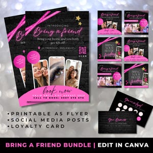 Bring A Friend-flyer en posts op sociale media, Bring Your Bestie Deal-flyersjabloon, haarwimpers, nagels, sale-promotie, schoonheidsloyaliteitskaart