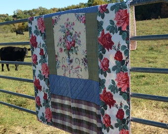 Rose Cottage Quilt - HAND QUILTED - Cotton & Silk - Cottagecore - Wedding Gift - Heirloom, patchwork, vintage fabrics