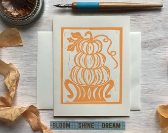 Orange PUMPKIN Greeting Card - Set of 4 - Choose from 3 Styles - Autumn, Fall - Hand Block Printed - Note Cards - Block Print - Linocut