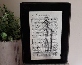 SALE Vintage Hymns Church Art, Rustic, Cottage, Farmhouse Decor, Sketch, Pen, Charcoal, Faith, Cross, Christian Art, Bible