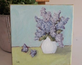 Scent of Spring, 6x6 Floral Painting, Lilacs in Ironstone Vase, Original Art, Still Life, Cottage Style, Pretty Art