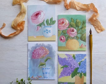 Floral Note Cards, Set of 4, The Cottage Garden, Blank Greeting Cards, Rose, Lilac, Peony