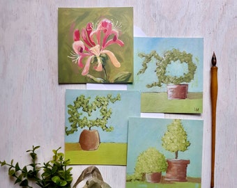 Honeysuckle and Topiaries - set of 4 flat note cards with white envelopes - 4.75” square