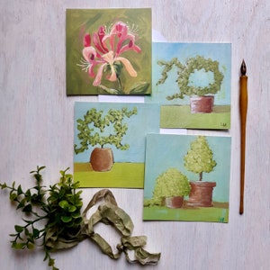 Honeysuckle and Topiaries set of 4 flat note cards with white envelopes 4.75 square image 1