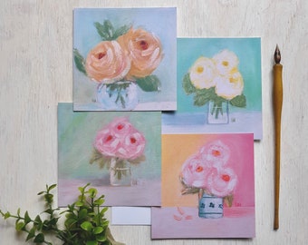 The Rose Garden - set of 4 flat note cards with white envelopes - 4.75” square - Roses