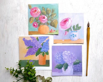 The Cottage Garden - set of 4 flat note cards with white envelopes - 4.75” square - Roses, Hydrangea, Lilacs