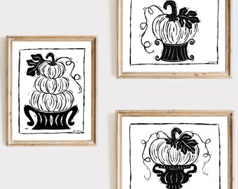 Pumpkin Art Prints, Black and White Art Prints, Fall Decor, Farmhouse Decor, Modern Farmhouse Decor, Autumn Art, Block Print, Linocut