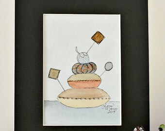 Antique Pincushions Original Watercolor by Lana Manis, Primitive, Folk Art, Sewing, Ready to Frame