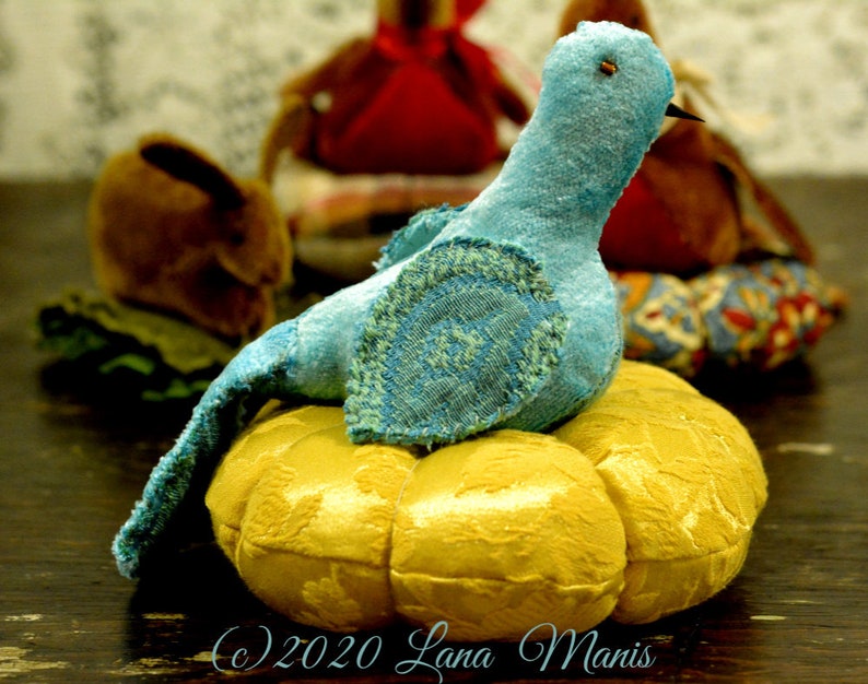 Vintage Textile Primitive Rustic Spring Decor Folk Art Victorian Velvet Blue Bird on Brocade Cushion Bluebird Honeysuckle Lane
