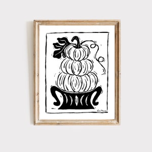 Pumpkin Art Prints, Black and White Art Prints, Fall Decor, Farmhouse Decor, Modern Farmhouse Decor, Autumn Art, Block Print, Linocut Stacked pumpkins