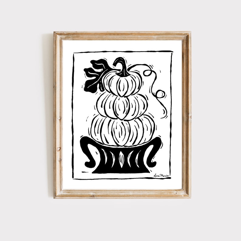 Pumpkin Art Prints, Black and White Art Prints, Fall Decor, Farmhouse Decor, Modern Farmhouse Decor, Autumn Art, Block Print, Linocut Stacked pumpkins