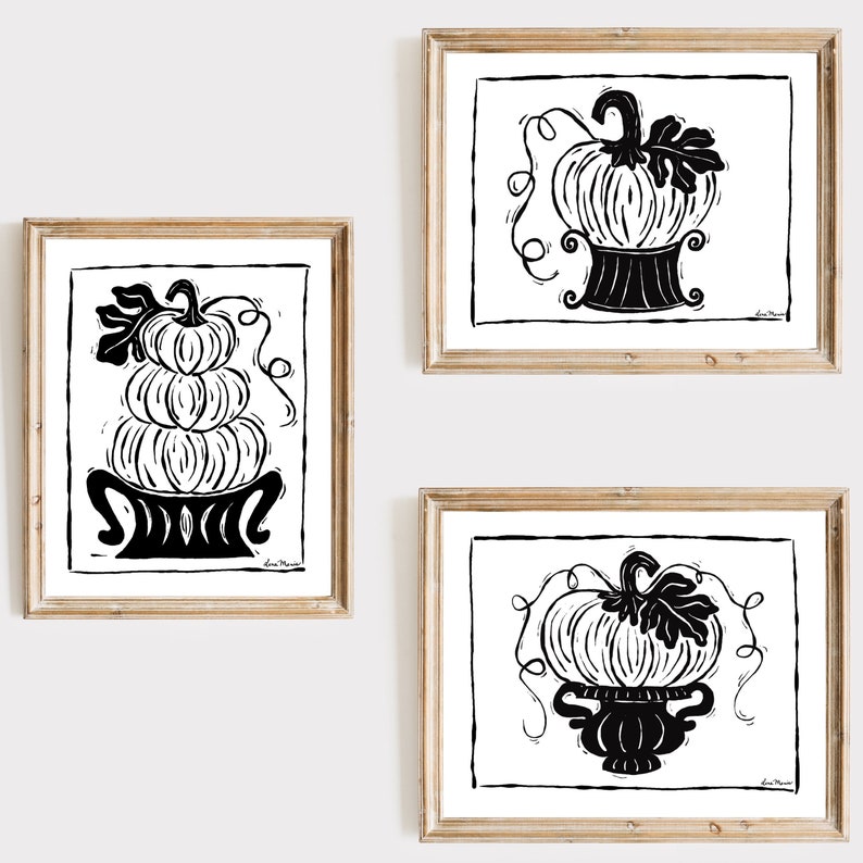 Pumpkin Art Prints, Black and White Art Prints, Fall Decor, Farmhouse Decor, Modern Farmhouse Decor, Autumn Art, Block Print, Linocut image 1