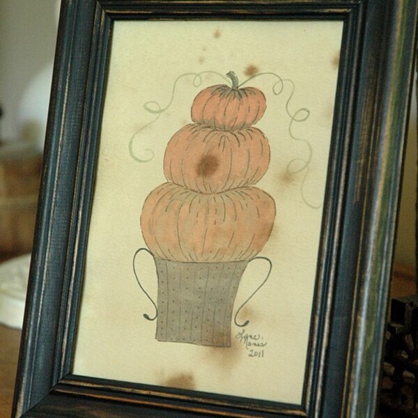 Autumn Harvest Primitive Pumpkins Folk Art Watercolor Fall Decor Orange, Green, Brown, Aged