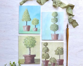 Topiary Note Cards, Set of 4, The Topiary Garden, Fine Art Print, All Occasion Blank Greeting Cards, Hydrangeas, Lavender, Bumblebees