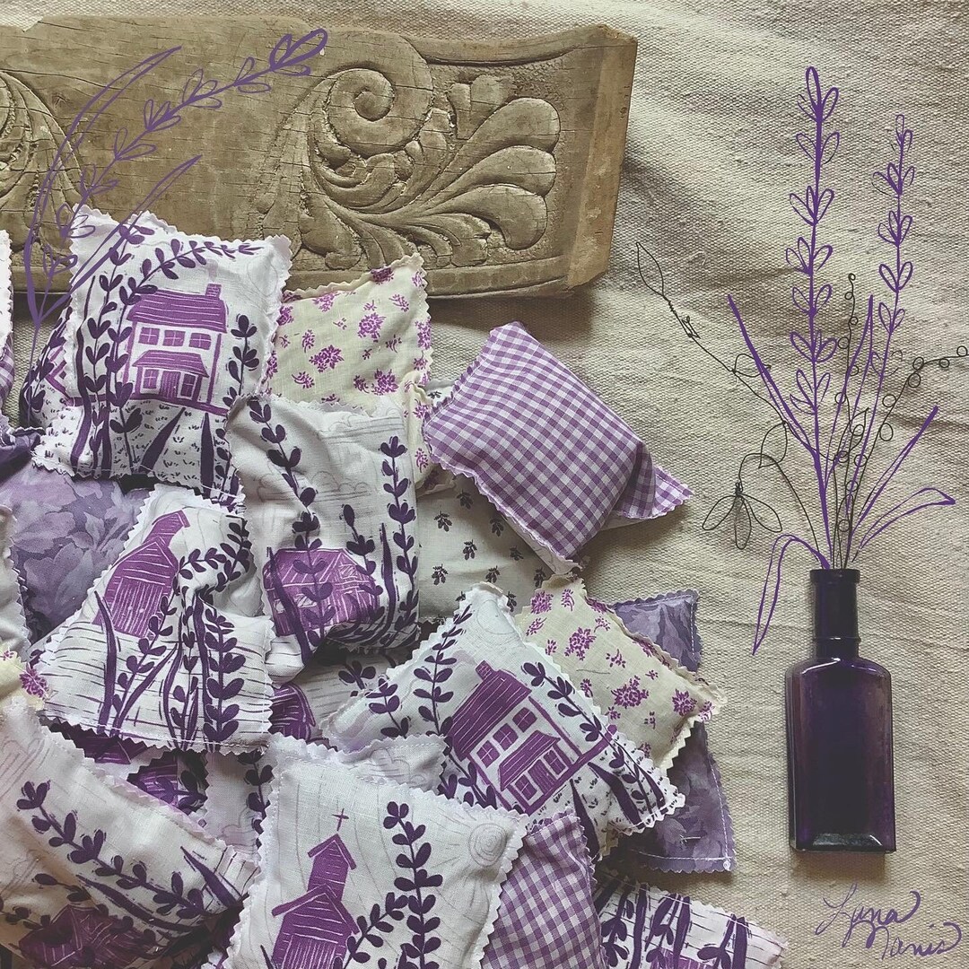 Lavender & Flax Seed Sachets, Block Print, Barn, Farmhouse, Church