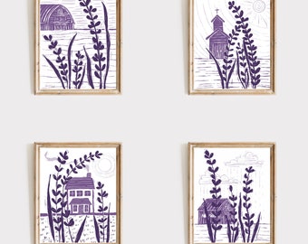 Barn Art Prints, Lavender Art Prints, Church Art Prints, Farmhouse Decor, Modern Farmhouse Decor, Autumn Art, Block Print, Linocut