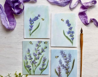 Floral Note Cards, Set of 4, The Lavender Garden, All Occasion Blank Greeting Cards, Lavender, Bumblebees