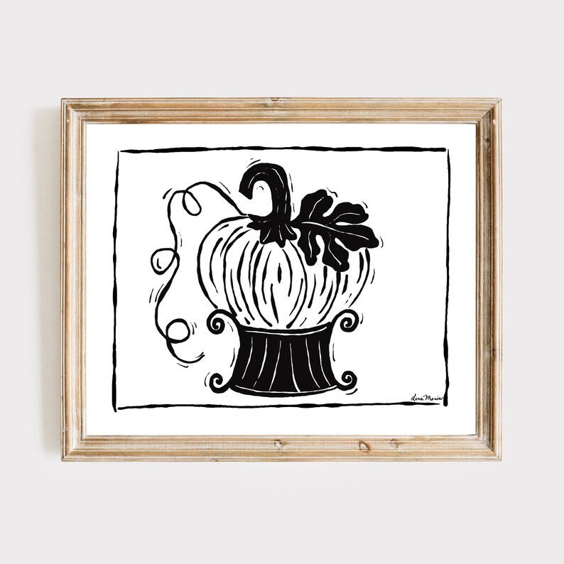 Pumpkin Art Prints, Black and White Art Prints, Fall Decor, Farmhouse Decor, Modern Farmhouse Decor, Autumn Art, Block Print, Linocut Pumpkin in basket