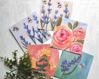 The Bee Garden - set of 5 flat note cards with white envelopes - 4.75” square - Rose, Bees, Lavender, Honeysuckle