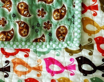 Wholecloth Baby Quilt - Crib Quilt - Nursery Bedding - Folk Birds & Paisley Design - 100% Cotton