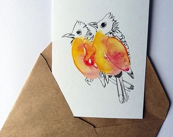 Happy birds, carte postale d'art, d'après aquarelle et encre de chine
