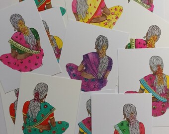 Indiase vrouwen, sari's, A6-kaart naar aquarel en Oost-Indische inkt