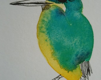 Bloemenvogel, A6 kunstprint naar aquarel en Oost-Indische inkt