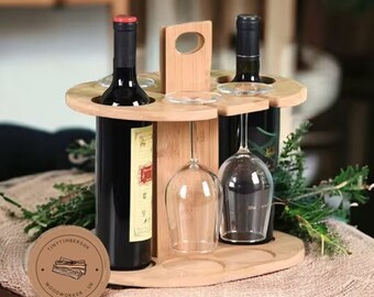 Bottiglia di vino in legno e portabicchieri con manico / Porta bicchiere di vino ovale / Arredamento cucina rustica / Regalo per gli amanti del vino / Regalo per coppie